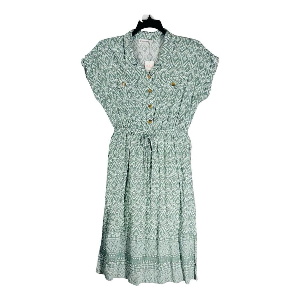 Lucky Brand Women's Midi Dress Large Green Print Button Front Short Sleeve Flowy - Picture 2 of 9
